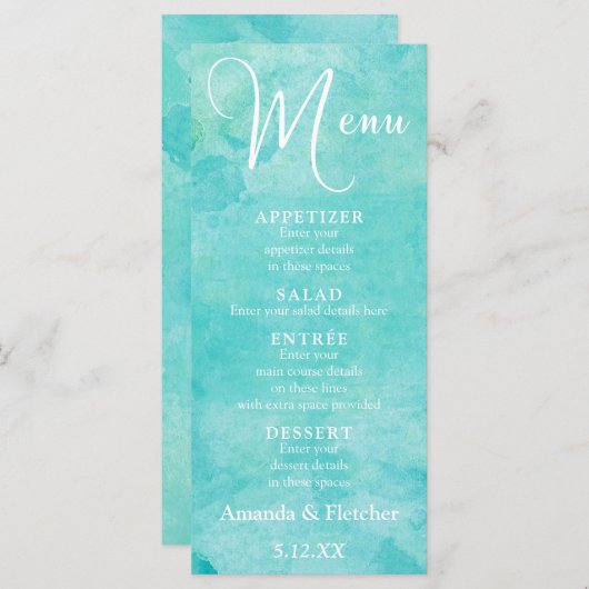 Turquoise Waterverf Typography Wedding Menu (Voorkant / Achterkant)