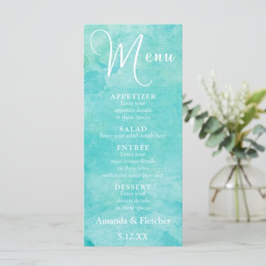 Turquoise Waterverf Typography Wedding Menu (Staand voorkant)