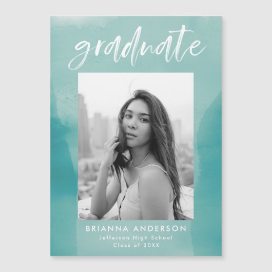 Turquoise Waterverf Was foto Afstuderen Magnetische Uitnodiging (Voorkant)