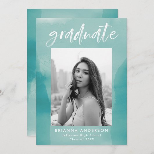 Turquoise Waterverf Wash Photo Graduparty Kaart (Voorkant / Achterkant)