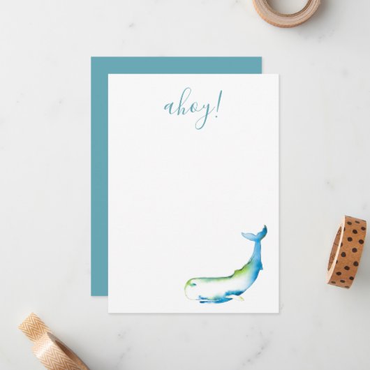 Turquoise Waterverf Whale Stationery Note Card Notitiekaartje (Voorkant / Achterkant in situ)
