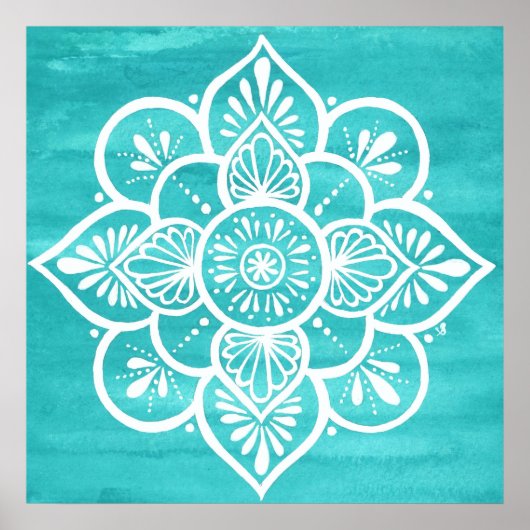 Turquoise Waterverf White Mandala Poster (Voorkant)