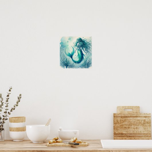 Turquoise Waterverf Zeemeermin kunst Posters (Keuken)