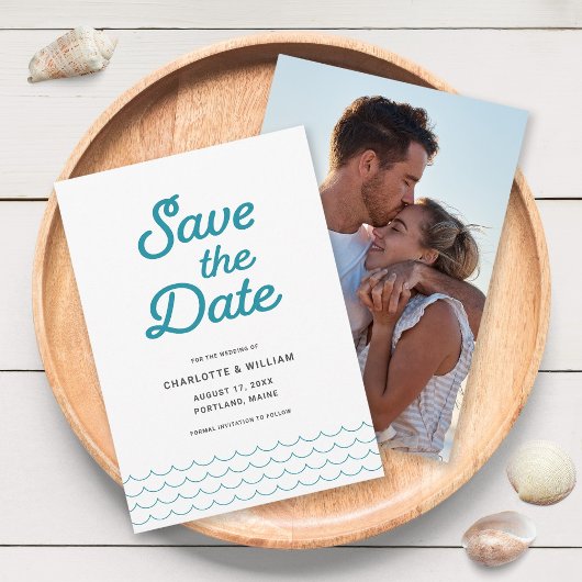 Turquoise Waves with Your Photo Save the Date Card