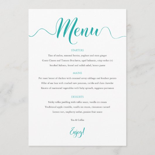 Turquoise Wedding Menu Kaart 5"x7" (Voorkant)
