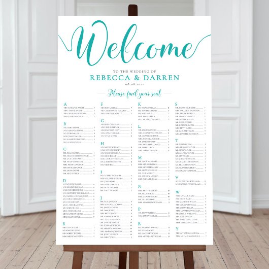 Turquoise Wedding Seating Chart Alfabetical Poster