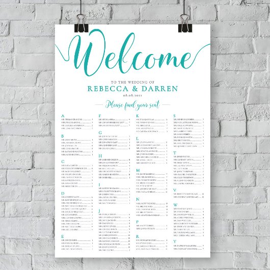 Turquoise Wedding Seating Chart Alfabetical Poster