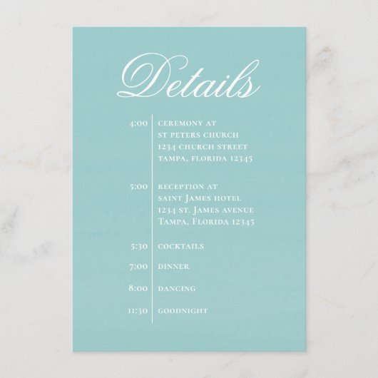 Turquoise Wedding Timeline Details Simple RSVP Informatiekaartje (Voorkant)