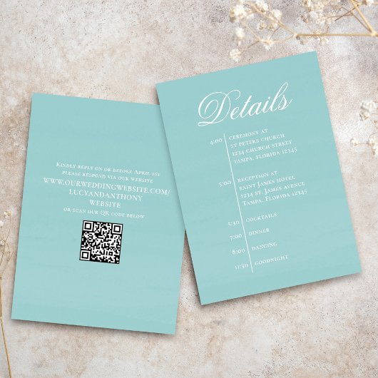 Turquoise Wedding Timeline Details Simple RSVP Informatiekaartje