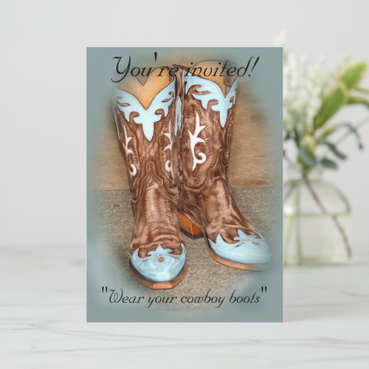 Turquoise Westerne Boots Wedding Invitation Kaart (Staand voorkant)