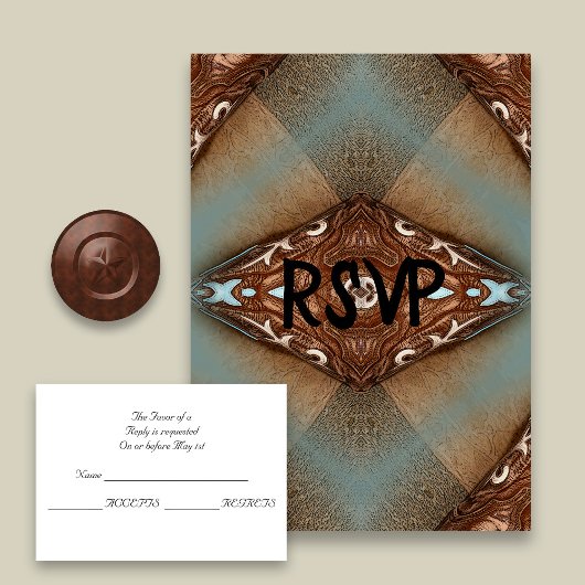 Turquoise Westerne Motif Wedding RSVP Kaartje