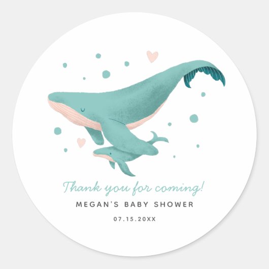 Turquoise Whale Baby shower Favor Ronde Sticker (Voorkant)