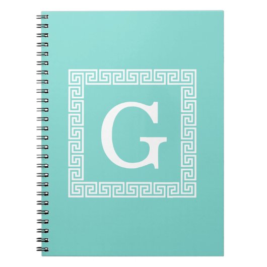 Turquoise WhGreek Key Lijst #1 Initiaal Monogram Notitieboek (Voorkant)
