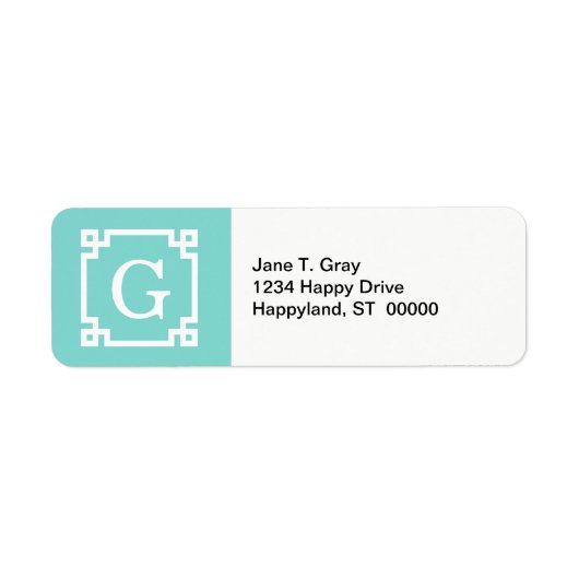 Turquoise WhGreek Key Lijst #2 Initiaal Monogram Etiket (Voorkant)