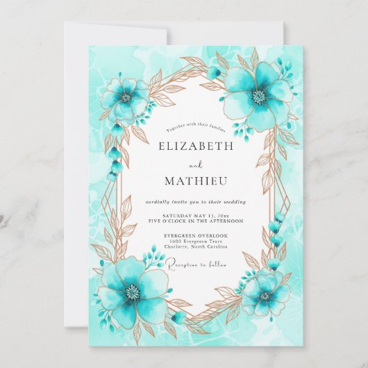 Turquoise Whimsical Botanical Winter Wedding Kaart (Voorkant)