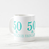 Turquoise White 50 en een fantastisch verjaardagsf Koffiemok (Voorkant links)