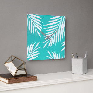 Turquoise White Acrylpalm Leaves Vierkante Klok