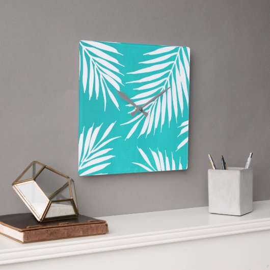Turquoise White Acrylpalm Leaves Vierkante Klok (Kantoor)