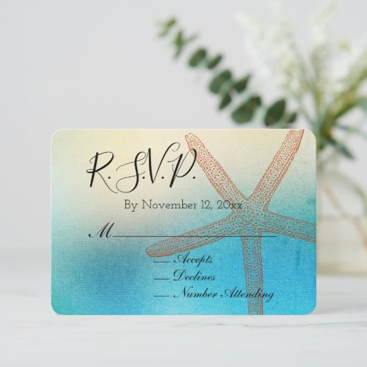 Turquoise White Aqua Blue Beach Wedding RSVP Informatiekaartje (Staand voorkant)