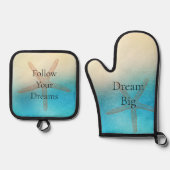 Turquoise White Aqua Blue Starfish Beach Ovenwant & Pannenlap Set (Voorkant)