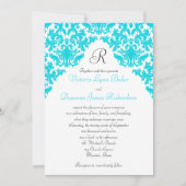 Turquoise, White, Black Damask Monogrammed Invite Kaart (Voorkant)