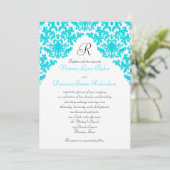 Turquoise, White, Black Damask Monogrammed Invite Kaart (Staand voorkant)