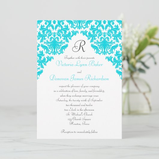 Turquoise, White, Black Damask Monogrammed Invite Kaart (Staand voorkant)
