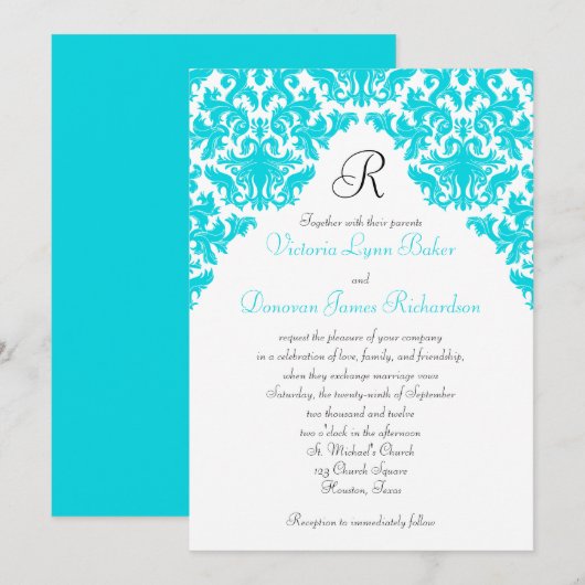 Turquoise, White, Black Damask Monogrammed Invite Kaart (Voorkant / Achterkant)