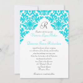 Turquoise, White, Black Damask Monogrammed Invite Kaart
