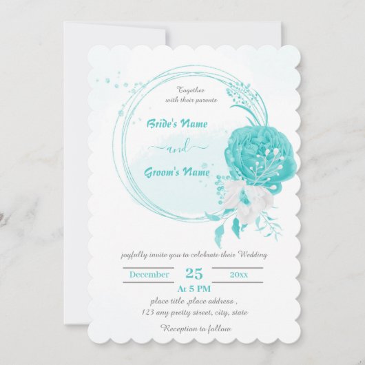 turquoise & white bloemen botanical wreatbruiloft kaart (Voorkant)