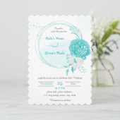 turquoise & white bloemen botanical wreatbruiloft kaart (Staand voorkant)