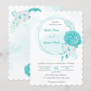 turquoise & white bloemen botanical wreatbruiloft kaart