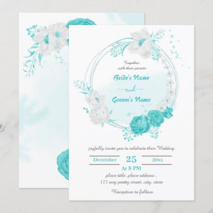 turquoise & white bloemen botanical wreatbruiloft kaart