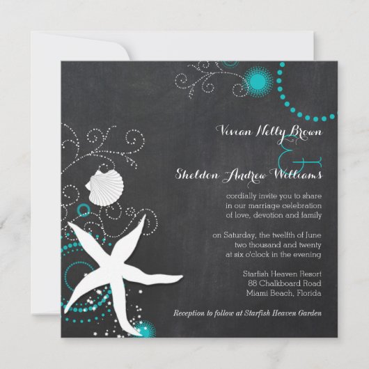 Turquoise White Chalkboard Beach Wedding Kaart (Voorkant)