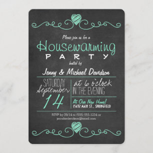 Turquoise & White Chalkboard Housewarming Party Kaart