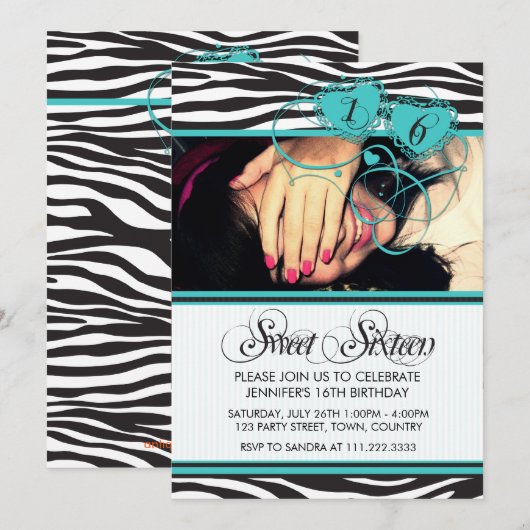 TURQUOISE WHITE COOL ZEBRA PRINT SWEET SIXTEEN KAART (Voorkant / Achterkant)