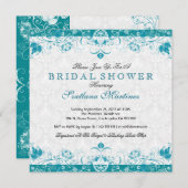 Turquoise & White Damask Bridal Shower Invitation Kaart (Voorkant / Achterkant)