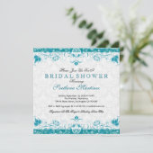 Turquoise & White Damask Bridal Shower Invitation Kaart (Staand voorkant)