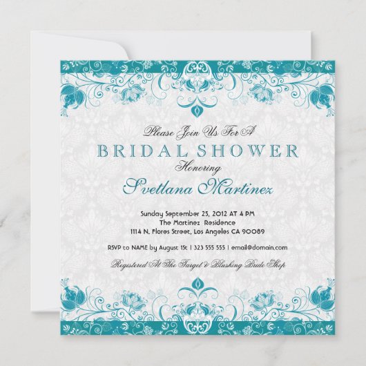 Turquoise & White Damask Bridal Shower Invitation Kaart (Voorkant)