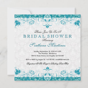 Turquoise & White Damask Bridal Shower Invitation Kaart