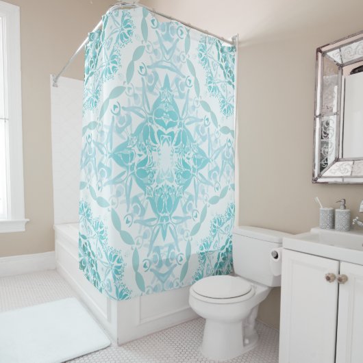 Turquoise White Damask Classic Douchegordijn (In situ)