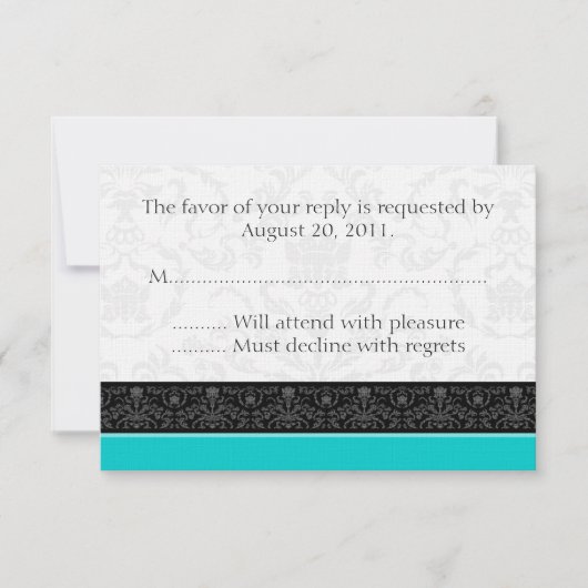 Turquoise & White Damask Wedding RSVP Reply Cards (Voorkant)