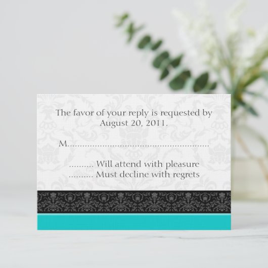 Turquoise & White Damask Wedding RSVP Reply Cards (Staand voorkant)