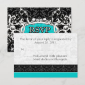 Turquoise & White Damask Wedding RSVP Reply Cards (Voorkant / Achterkant)