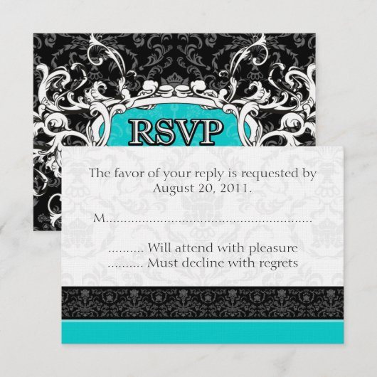 Turquoise & White Damask Wedding RSVP Reply Cards (Voorkant / Achterkant)