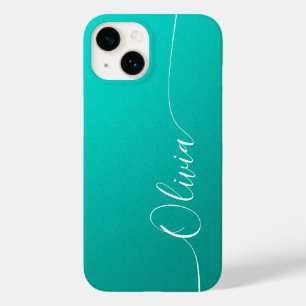 Turquoise White Elegant Calligraphy Script Name Case-Mate iPhone 14 Hoesje