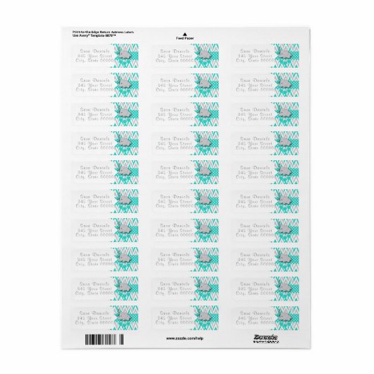 Turquoise, White en Grey Elephant Baby shower 2 Etiket (Full Sheet)