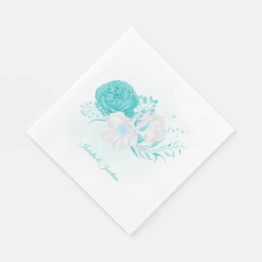 turquoise white floral bruiloft napkins servet (Hoek)