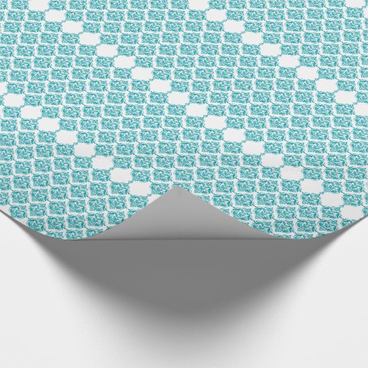 Turquoise & White Floral Damask Geometric Pattern Cadeaupapier (Hoek)