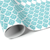 Turquoise & White Floral Damask Geometric Pattern Cadeaupapier (Rol Hoek)